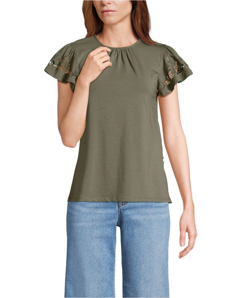 Women's Lightweight Jersey Crew Neck Ruffle Sleeve Flowy Top