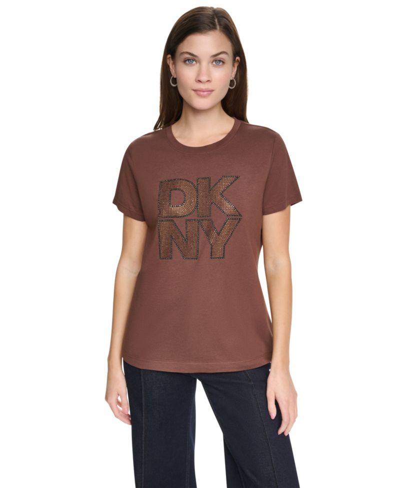 Women's Distressed Rhinestone Logo Short-Sleeve Crewneck T-Shirt