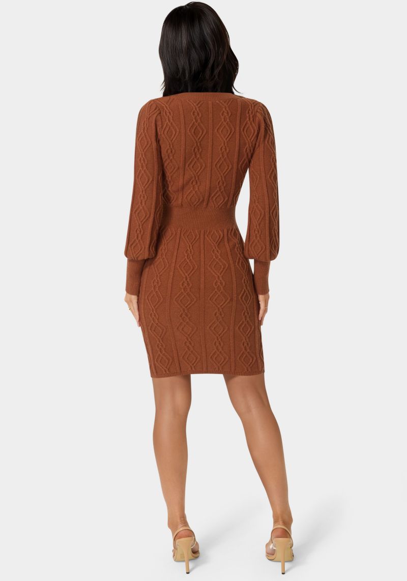 Women's Square Neck Long Sleeve Cable Sweater Dress