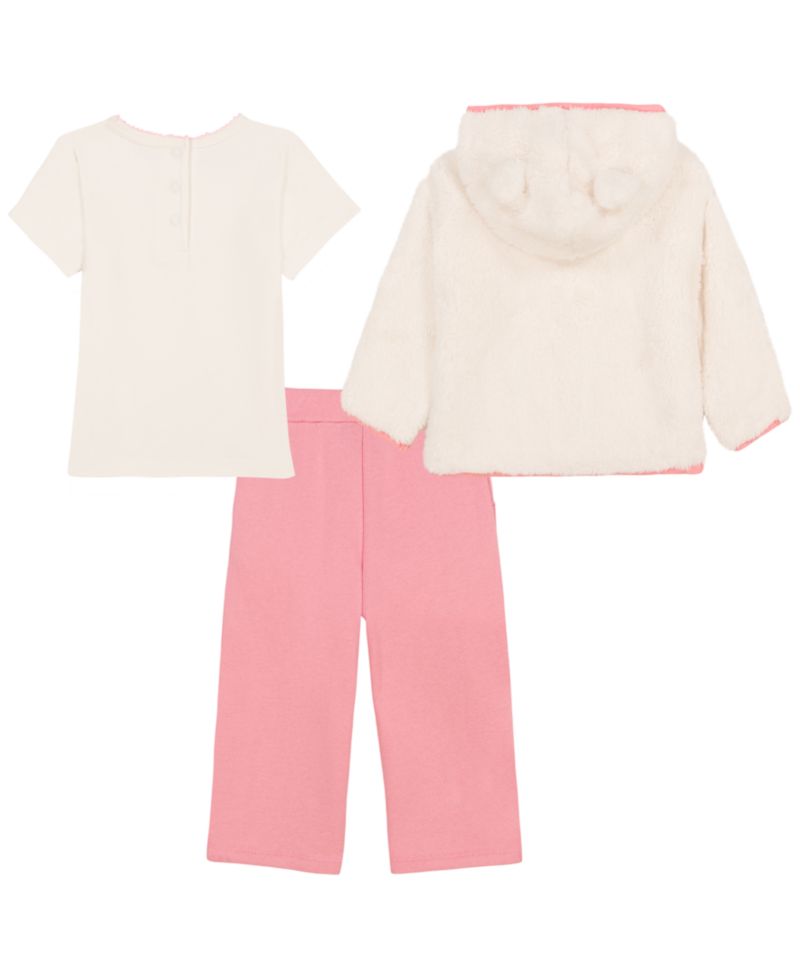 Baby Girls' Sherpa Full-Zip Hoodie, T-Shirt and Wide-Leg Pants, 3-Piece Set
