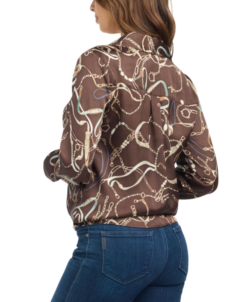 Juniors' Tie-Front Long-Sleeve Stretch Satin Blouse