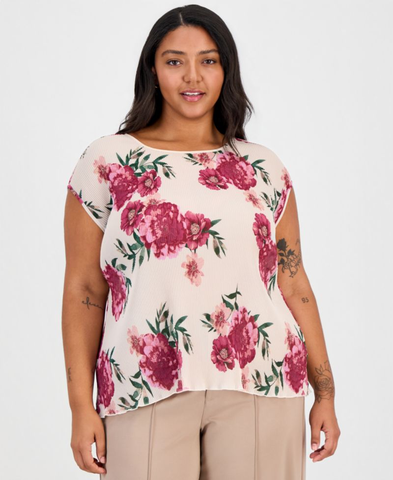 ASL Plus Size Pliss&eacute; Floral-Print Top