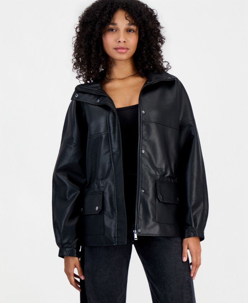 Women's Peplum Oversized Funnel-Neck Faux Leather Jacket