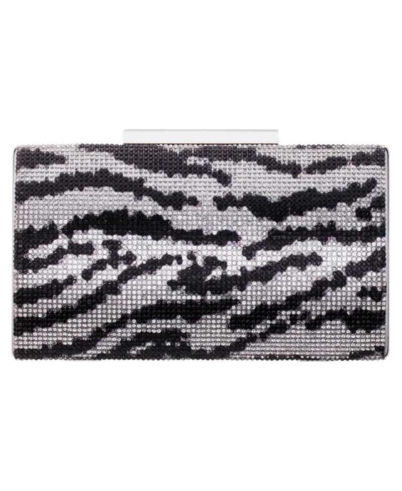 Zebra Print Crystal Curved Minaudiere Clutch