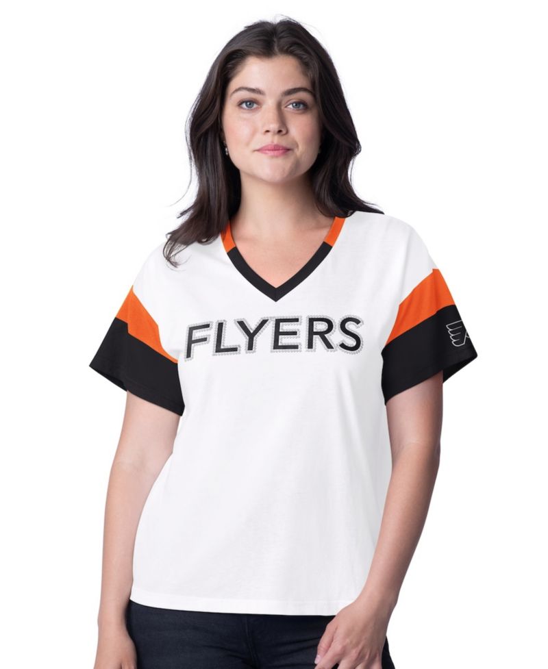 Women's White Philadelphia Flyers Rink Oversized Rhinestone V-Neck T-Shirt