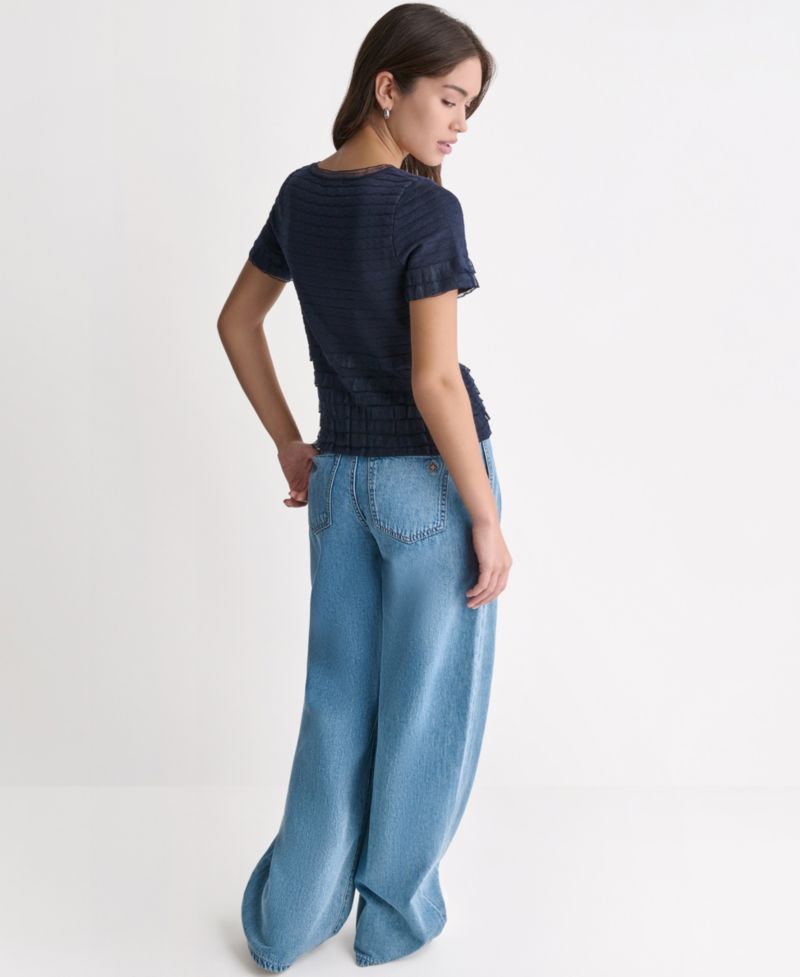 Women's Pointelle Ruffle Short-Sleeve Sweater