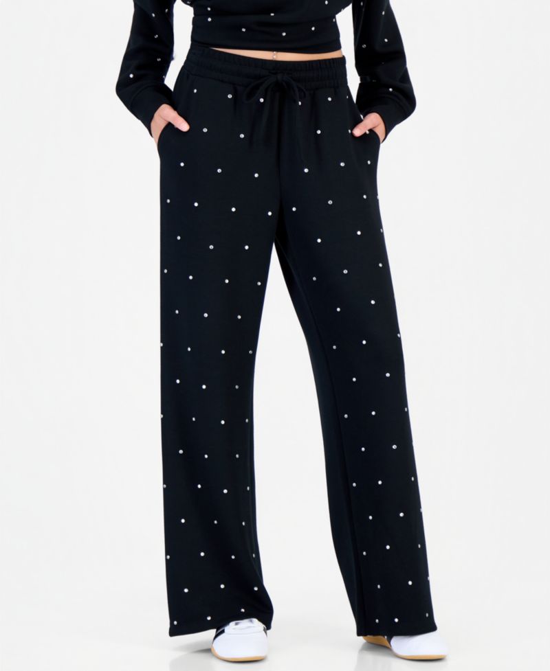 Juniors' High-Rise Embellished Scuba Wide-Leg Pants