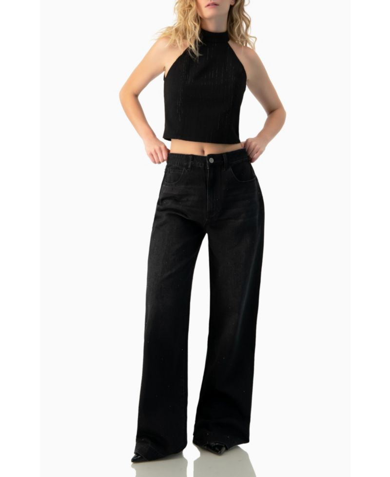 Women's Halter-Neck crystal-adorned Sleeveless Crop Top