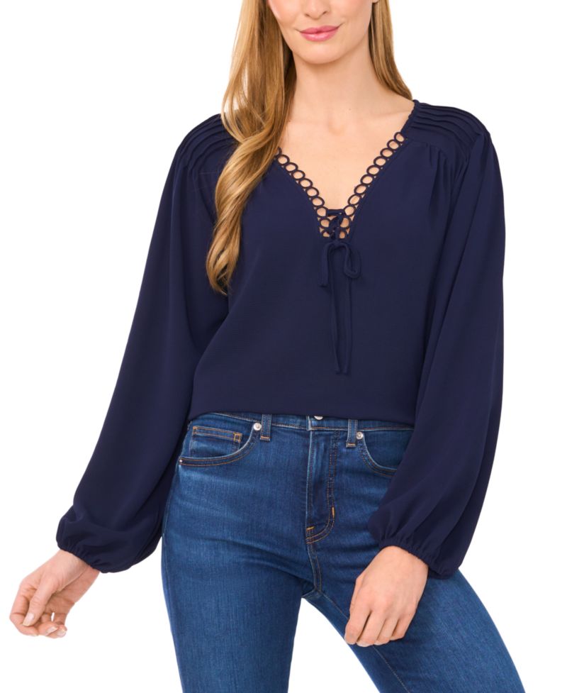 Women's Circular Trim Pin-Tuck Long-Sleeve Top