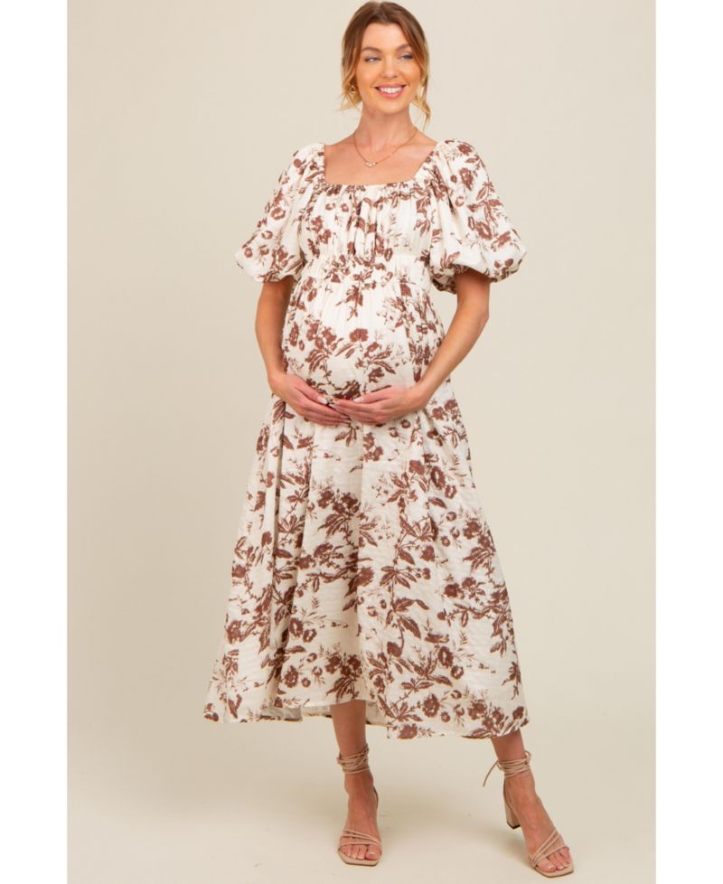 Women's Blue Floral Puff Sleeve Midi Dress