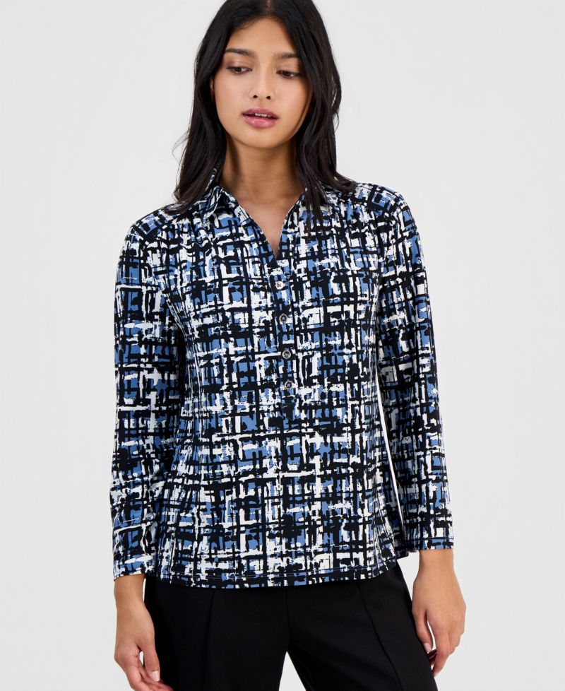 Women's Printed Collared 3/4-Sleeve Top