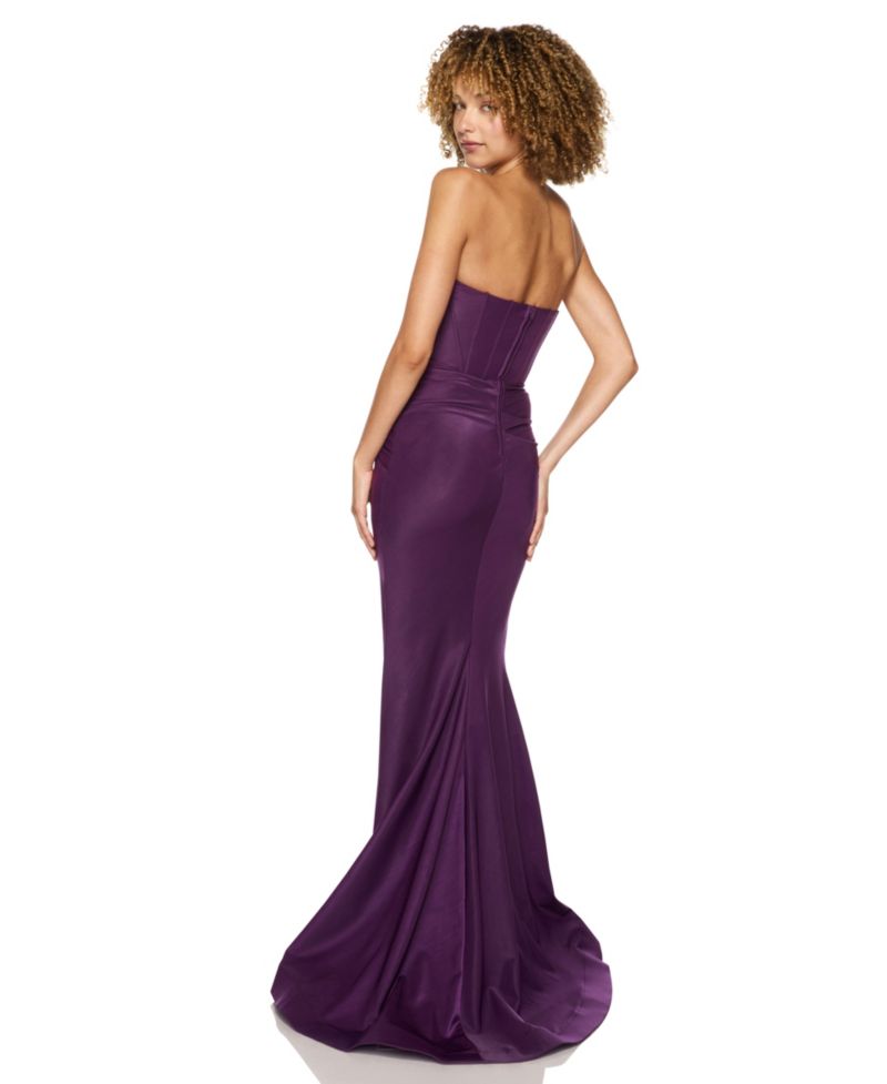 Juniors' Strapless Shiny Knit Front-Drape Gown