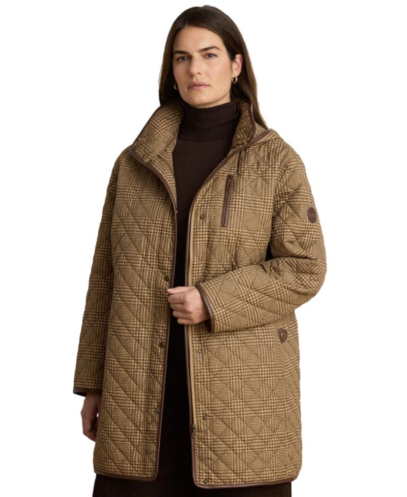 Plus Size Hooded Quilted Faux-Suede-Trim Coat