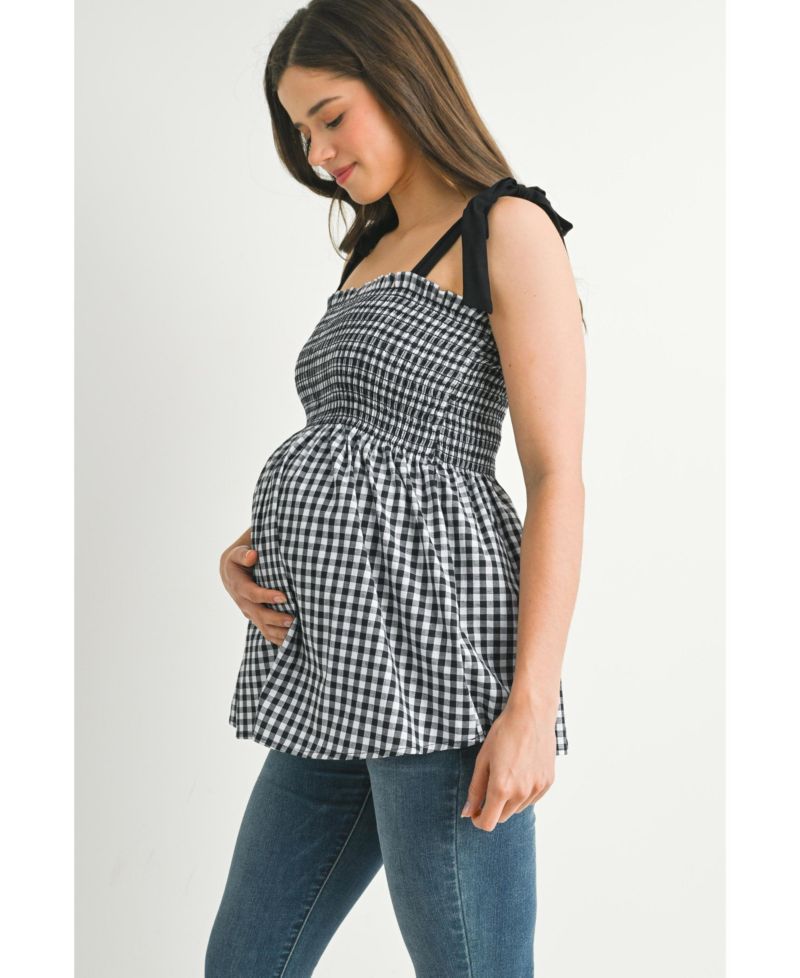 Women's Maternity Smocked Gingham Tie-Strap Sleeveless Top