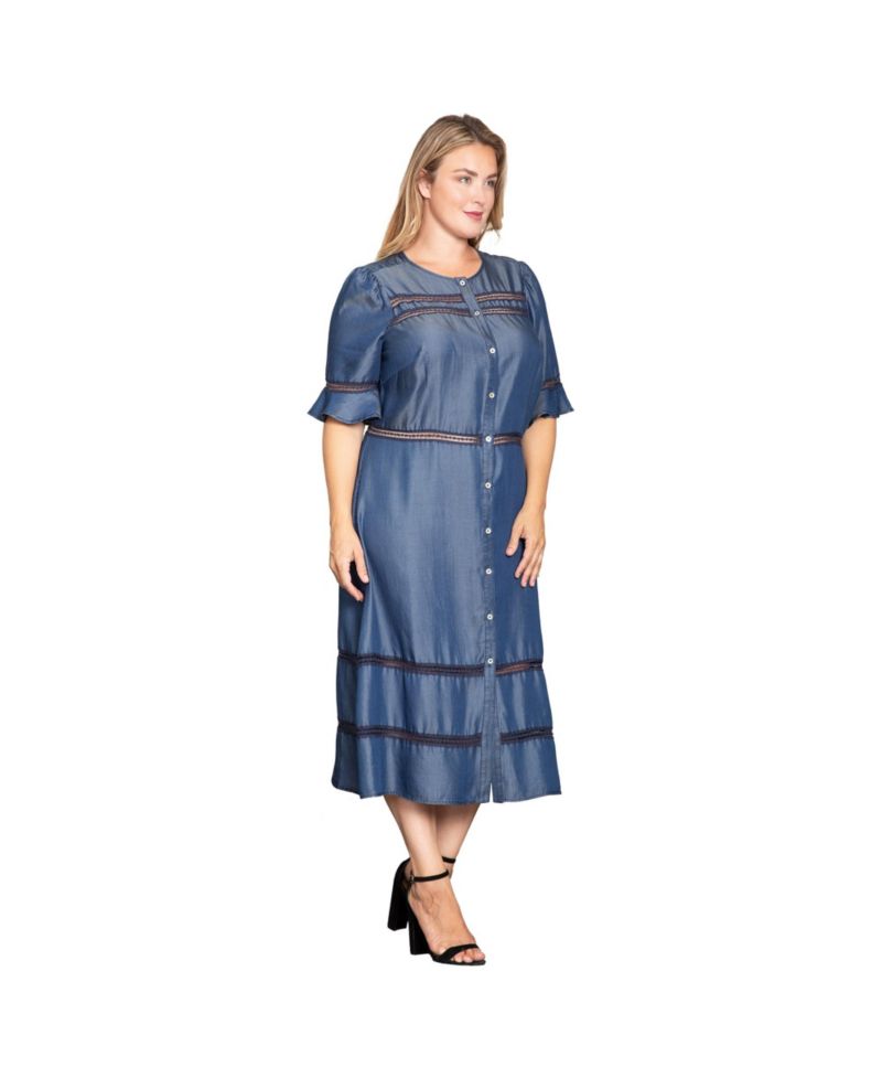 Women's Lace Detailing Trim Tencel Denim Midi Dress
