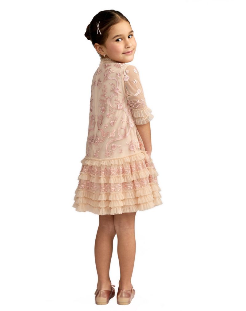 Little Girls Micro Ruffle Embroidered Mini Dress