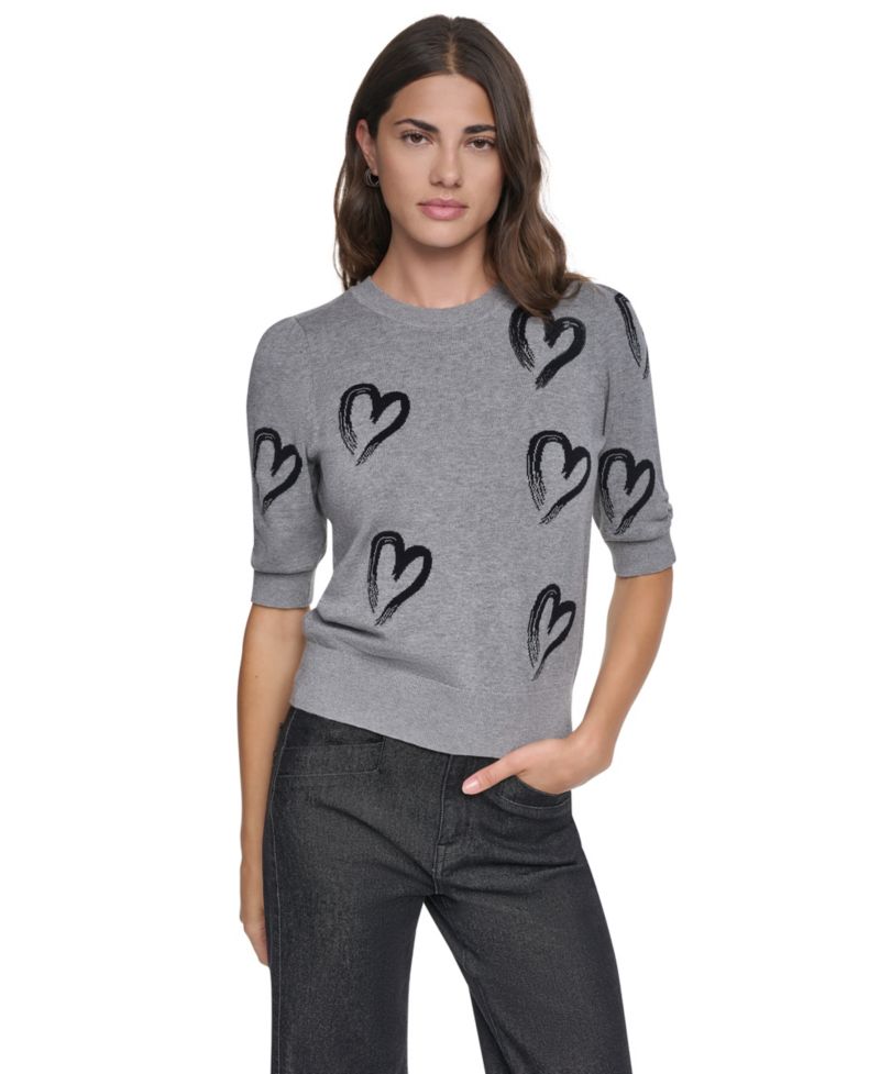 Women's Mini Hearts Crewneck Elbow-Sleeve Sweater