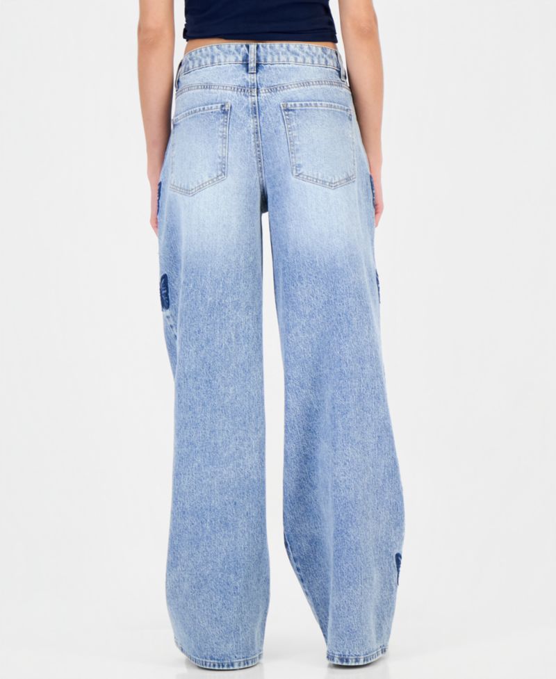 Juniors' 90s Skater High-Rise Wide-Leg Butterfly Embroidery Jeans