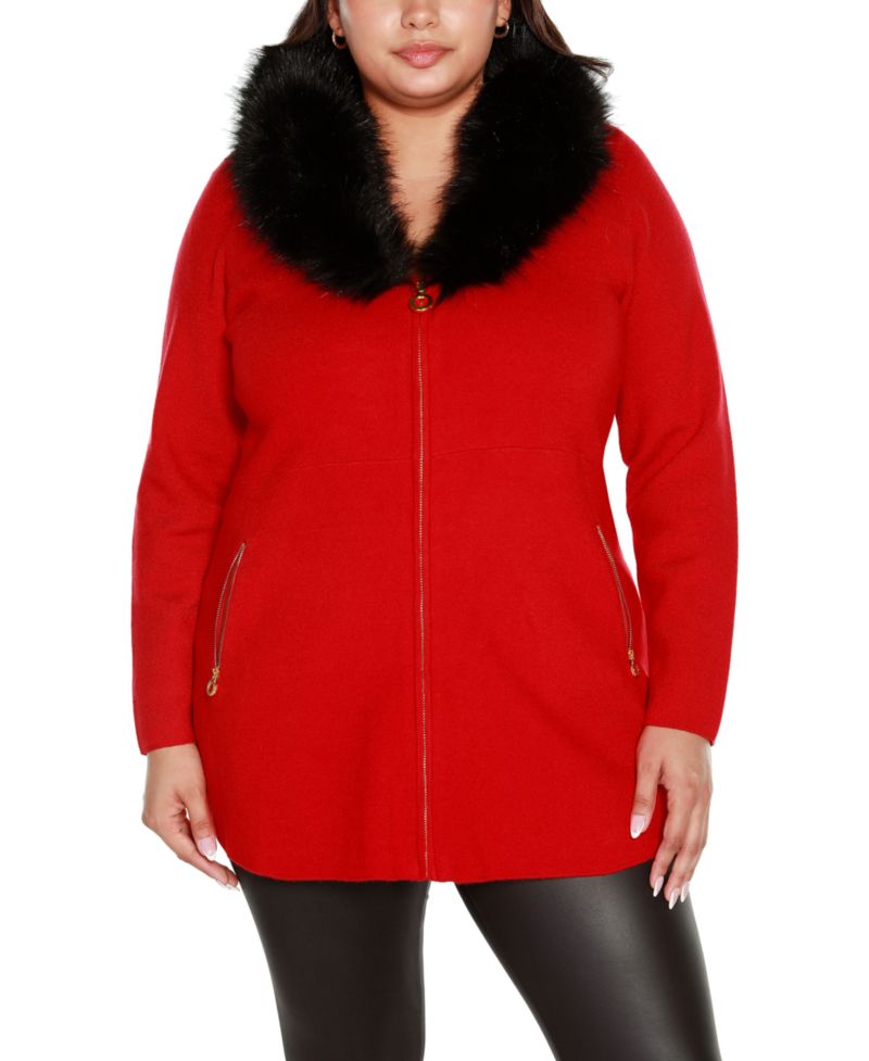 Black Label Plus Size Faux Fur Collar Cardigan