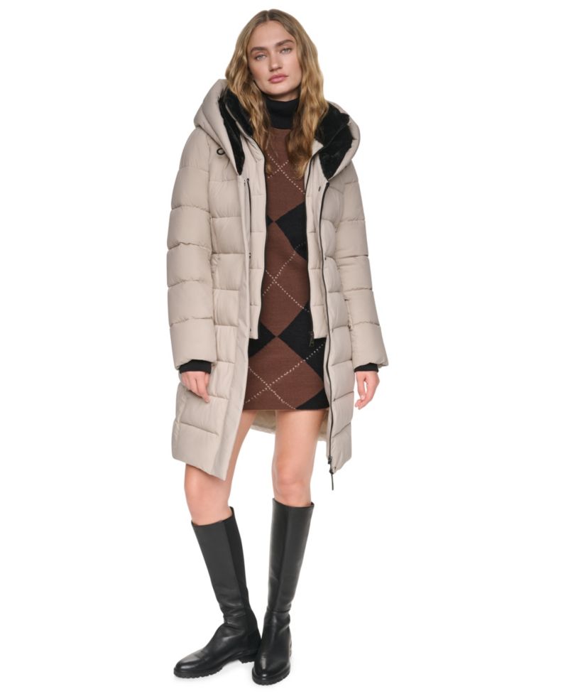 Women's Belted Walker with Faux Fur Hood and Bib Coat