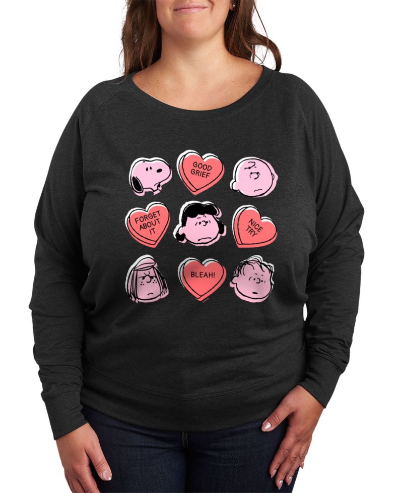 Plus Size Peanuts Valentines Day Candy Hearts Graphic Crew Neck Top