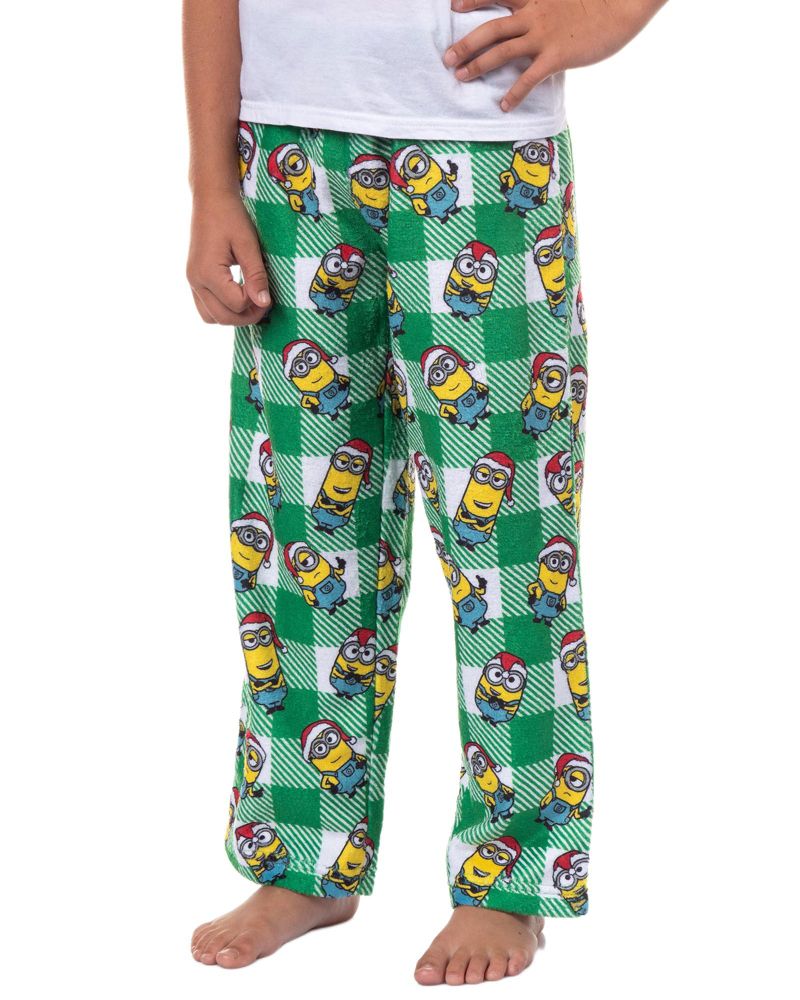 Pajama Pants Boys Christmas Santa Minion Plaid Fleece Lounge Bottoms Kids