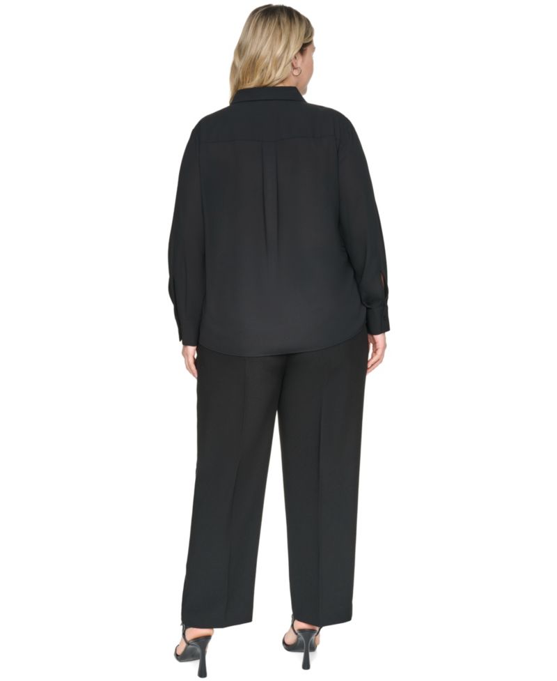 Plus Size Long-Sleeve Collared Pleated Blouse