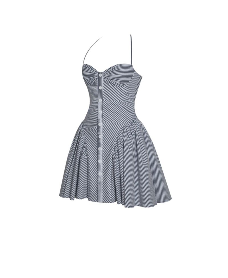 Women Melody Navy Blue Railroad Stripe Halter Drop Waist Mini Dress