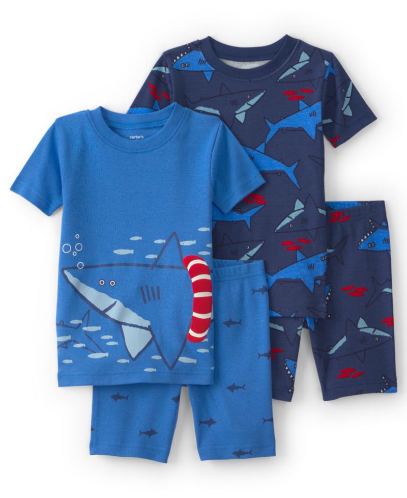 Baby and Toddler Boys' Shark Short-Sleeve T-Shirt and Shorts Snug-Fit Cotton Pajama, 4-Piece Set
