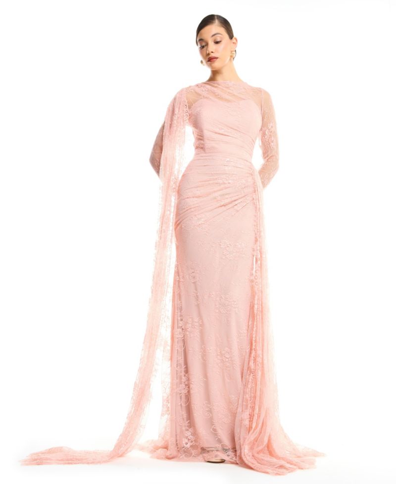 Women's High Neck Lace Sheath Gown with Cape Sleeve