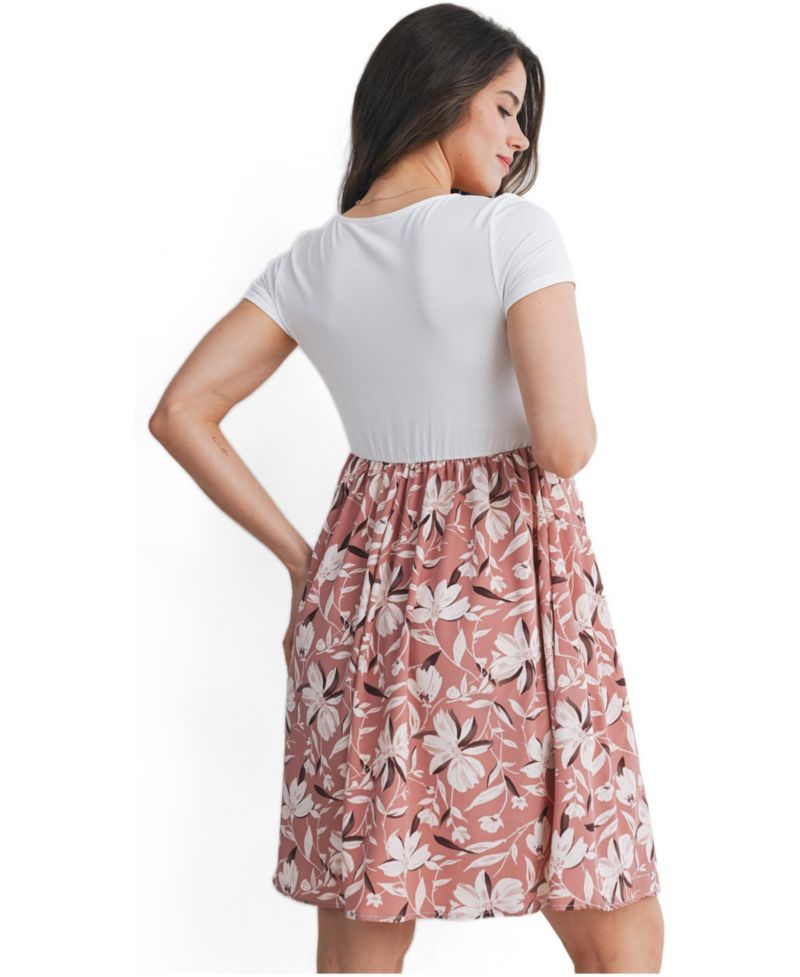 Women's Floral Scoop Neck Short Sleeve Dress with Pockets