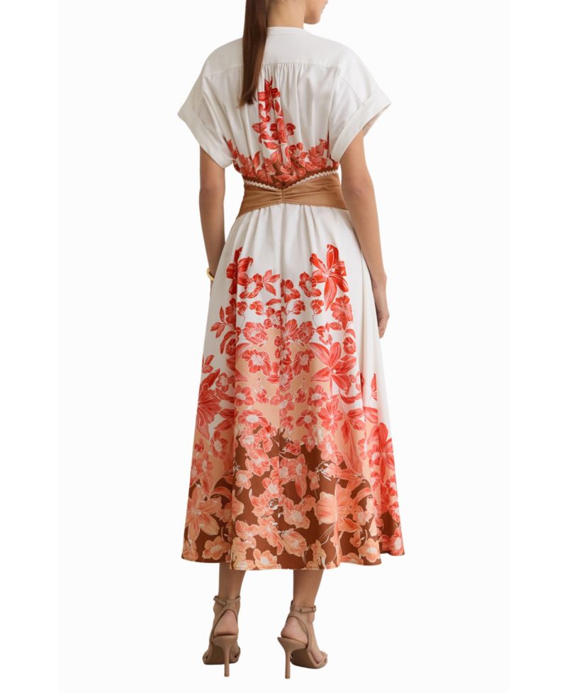 Women's Cotton Floral Belted with Stretch Midi Dress