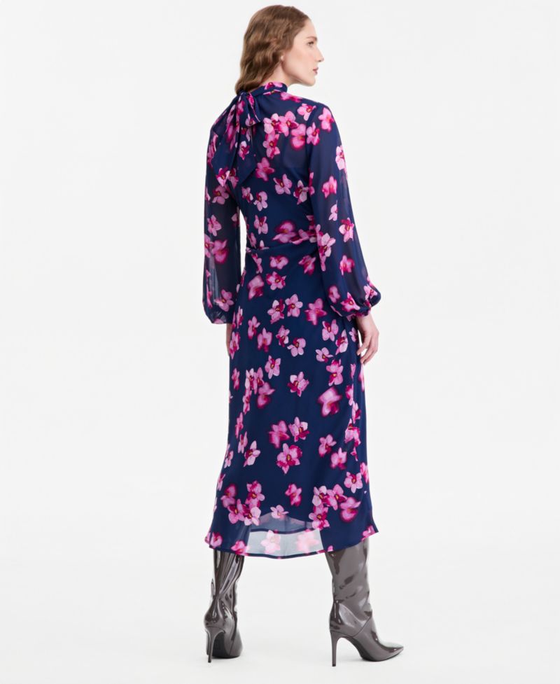 Women's Floral-Print A-Line Mock-Neck Midi Dress