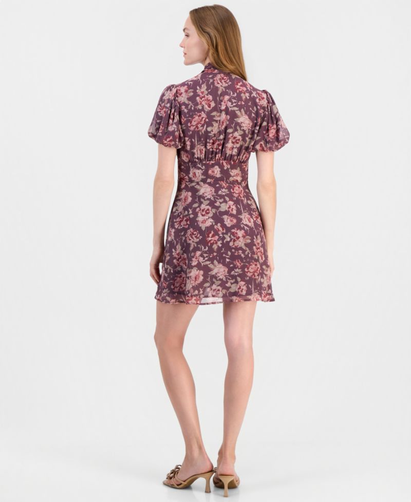 Jonni Puff-Sleeve Floral-Print Tie-Front Mini Dress