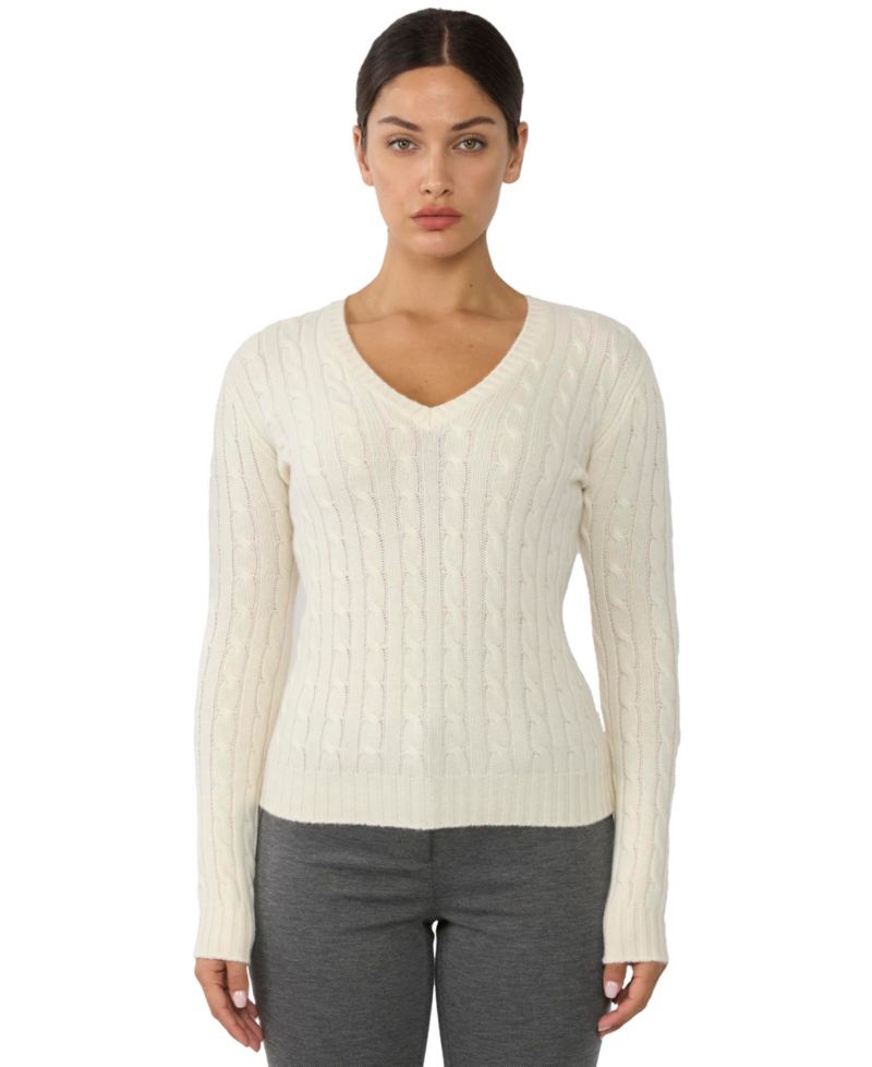 Women's 100% Cashmere V-Neck Sweater | Chuncky Cashmere Cable-knit Sweaters