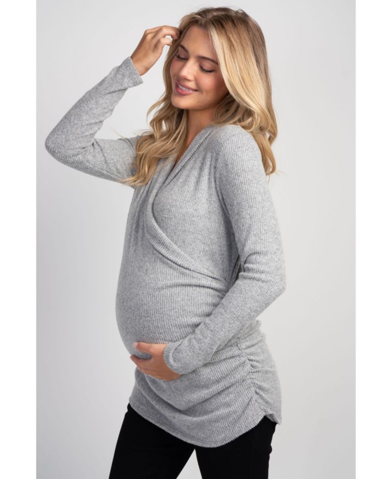 Maternity Nursing Ribbed-Knit Crossover V-Neck Long-Sleeve Top