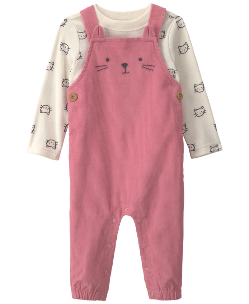 Baby Girls' Cat Long-Sleeve Top and Corduroy Overall, 2-Piece Set