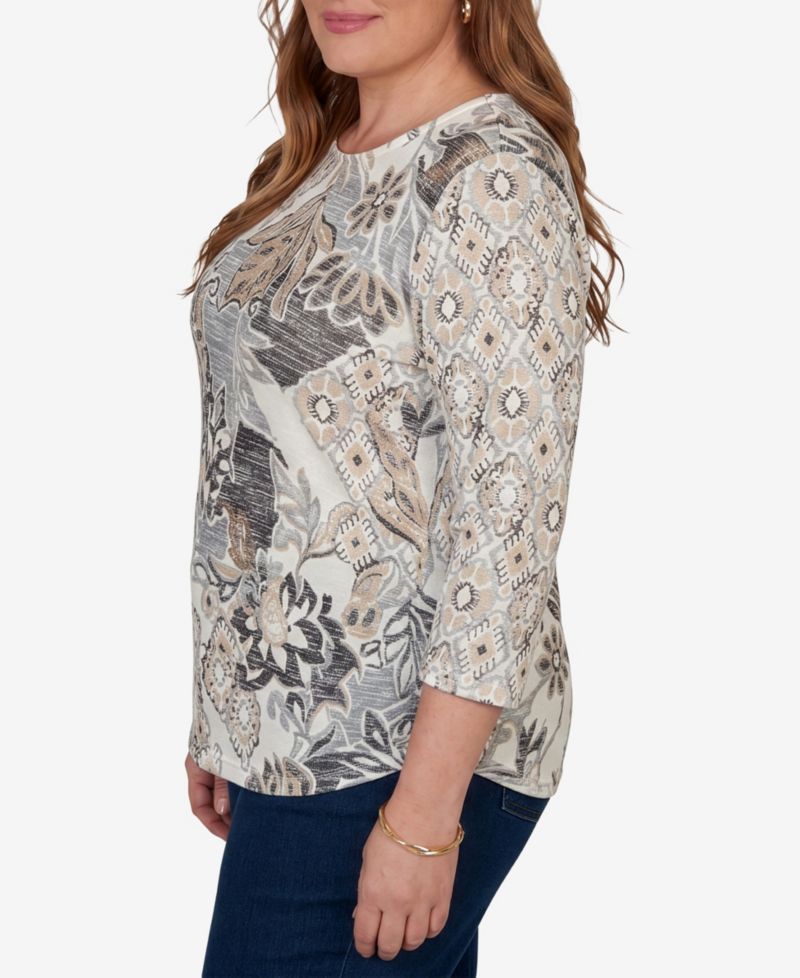 Plus Size Geo Leaf Patchwork 3/4-Sleeve Crewneck Knit Top
