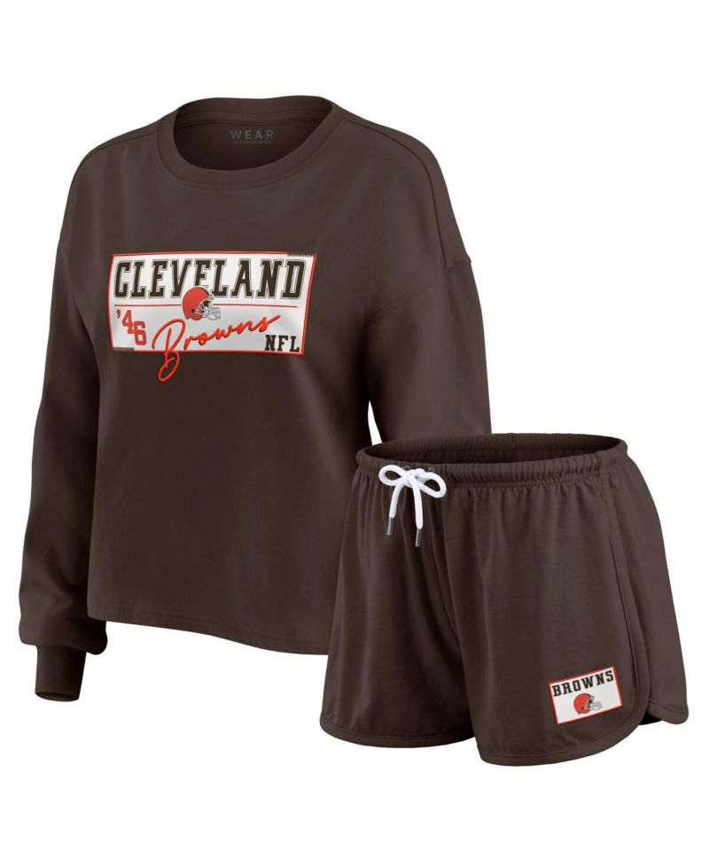 Women's 2-Piece Brown Cleveland Browns Heavy Rugby Jersey Long Sleeve T-Shirt and Shorts Lounge Set