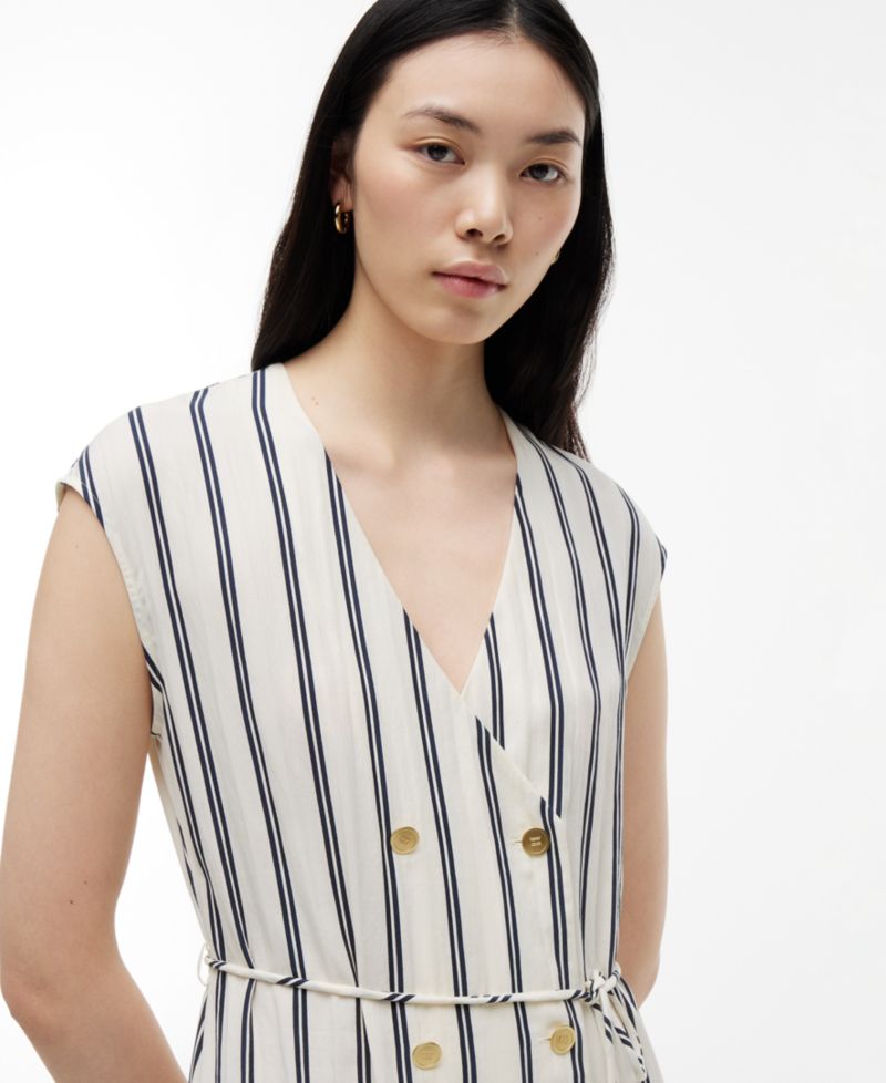 Women's Nautical Stripe Button-Front V-Neck Linen-Blend Midi Dress