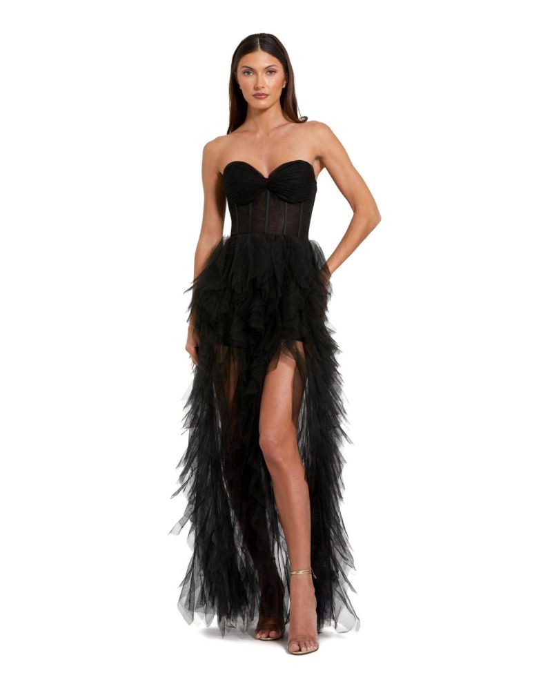 Women's Strapless Bustier Net Gown With Spiral Ruffles