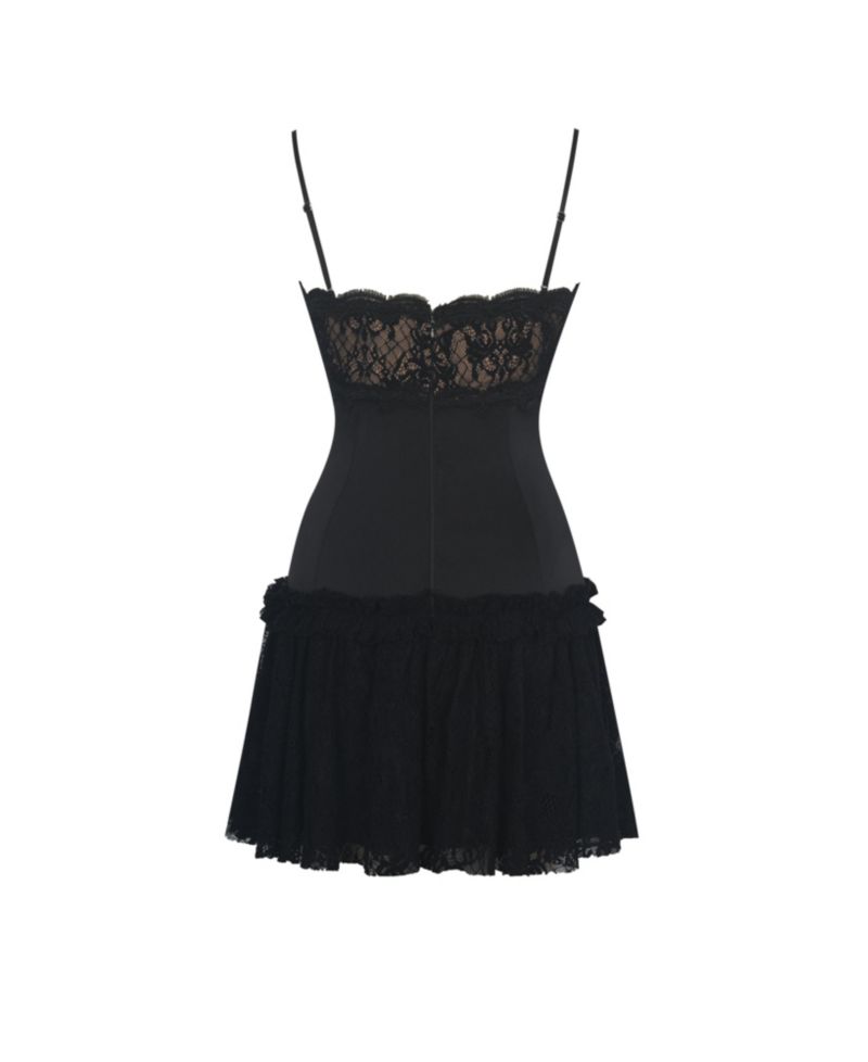 Women's Umra Black Contrast Lace Sweetheart Gathered Mini Dress