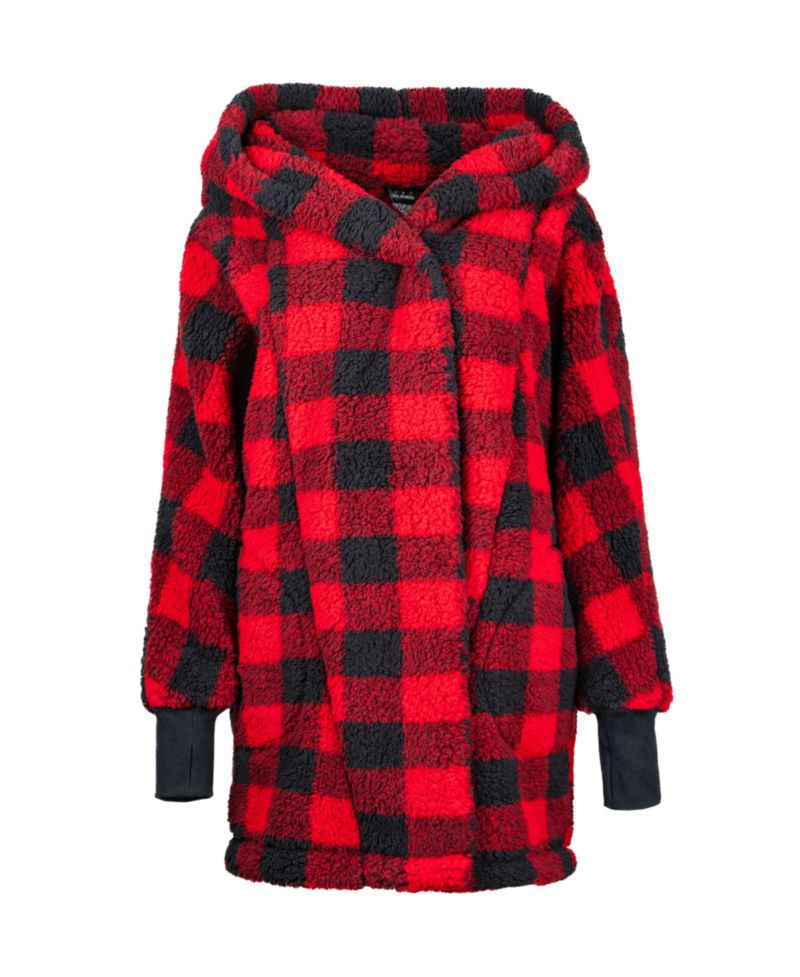 Patterned Hooded Sherpa Button Front Lounger Jacket