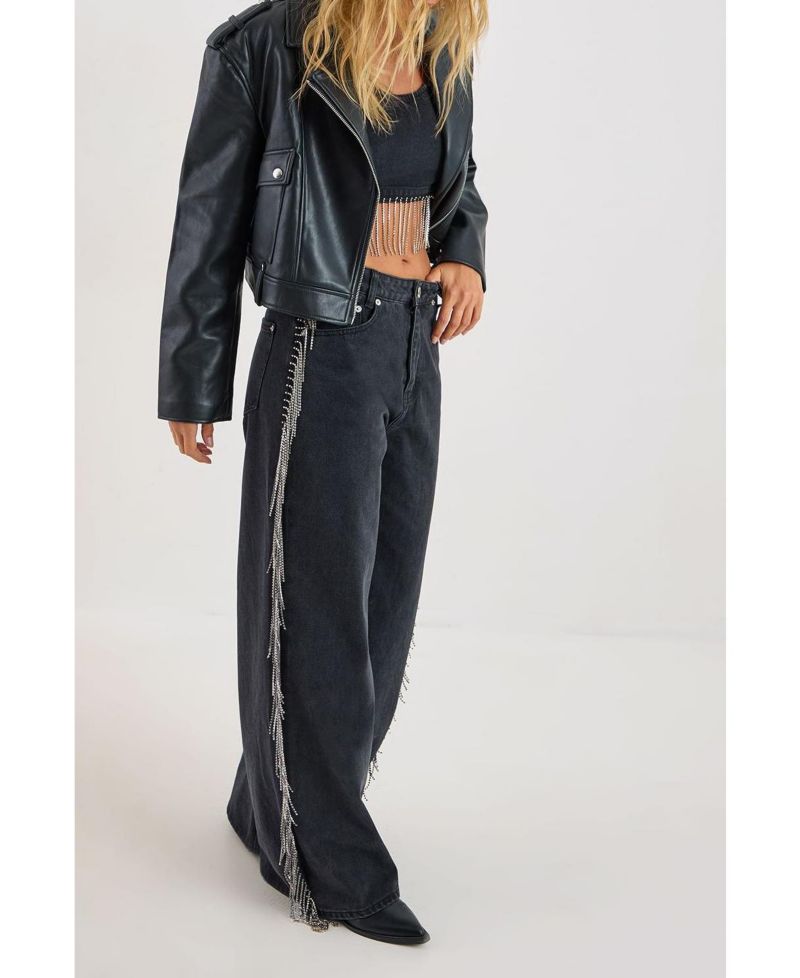 Women's Denim Diamonte Tassel Straight Leg Jeans