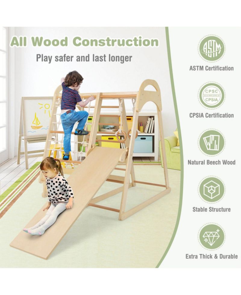 6-in-1 Wooden Kids Jungle Gym Playset with Reversible Slide and Removable Tent