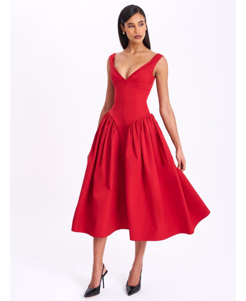 Women's Nahla Red Drop Waist Midi Dress with Buttons