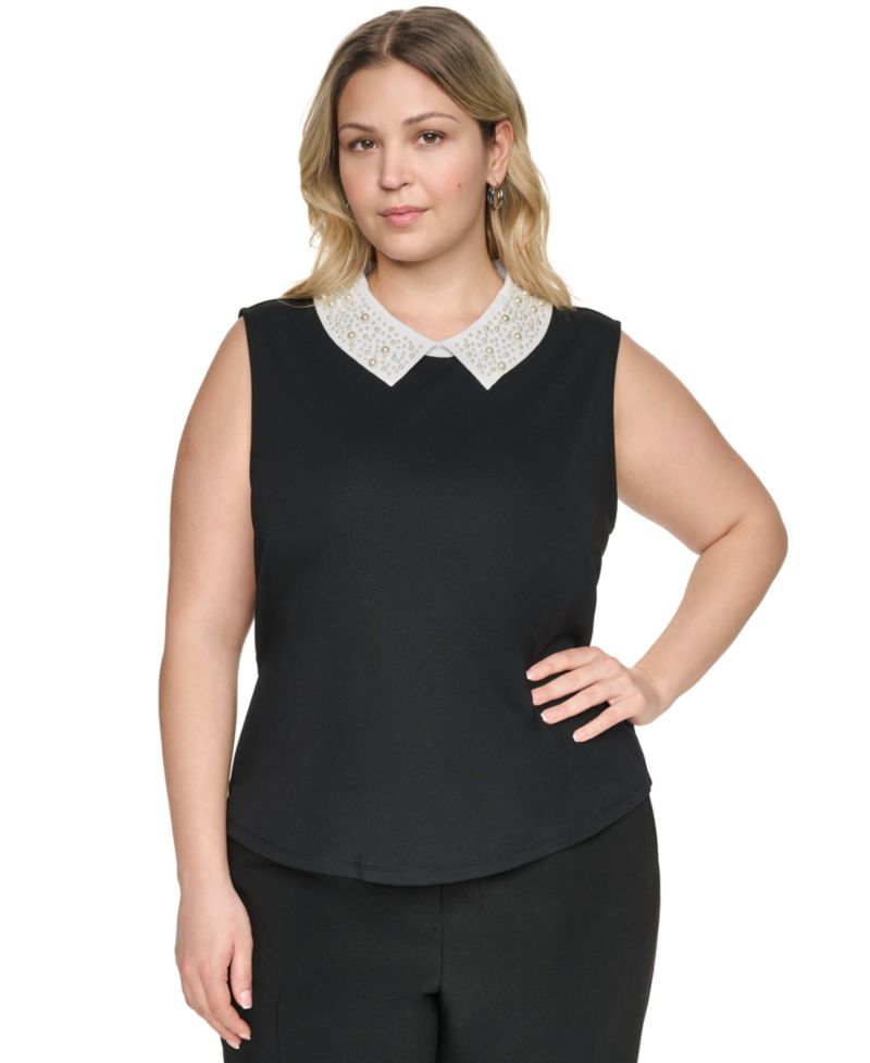 Plus Size Imitation Pearl Collar Knit Top