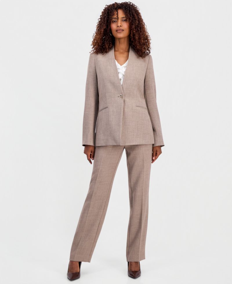 Women's Collarless Melange Jacket, Sleeveless Ruffle-Front Blouse & Straight-Leg Pants