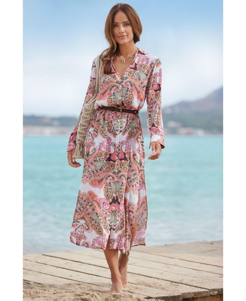 Women's Viscose Printed Button Down Multiway Scoop-Neck Midi Dress
