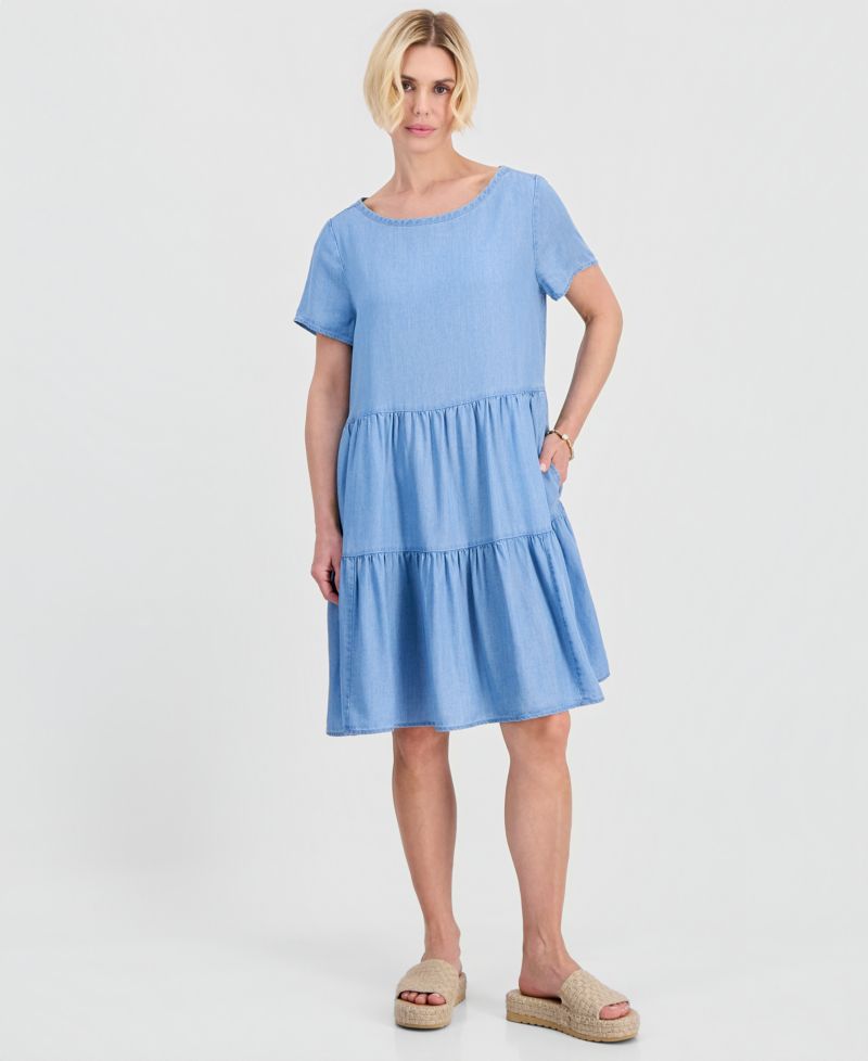 Petite Round-Neck Tiered Short-Sleeve Dress
